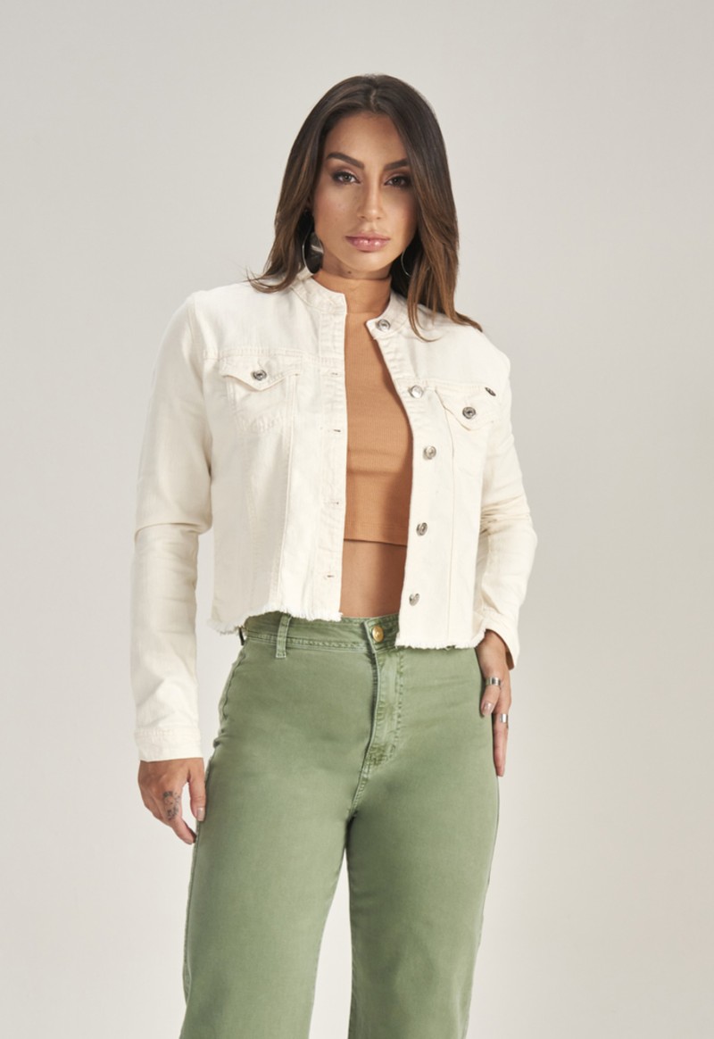 Jaqueta feminina jeans gola redonda Max Denim | Areia 