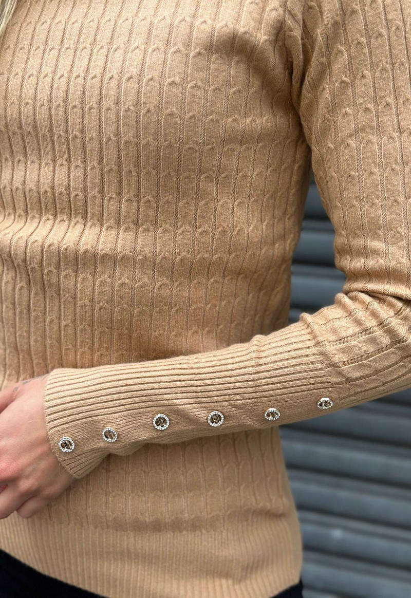 Blusa tricot gola alta punho canelado com botões Facinelli | Caramelo 