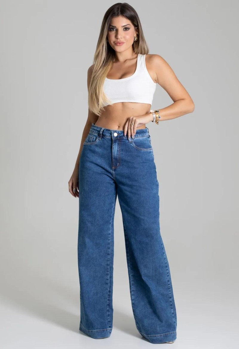 Calça feminina jeans wide leg Sawary | Jeans Estonado