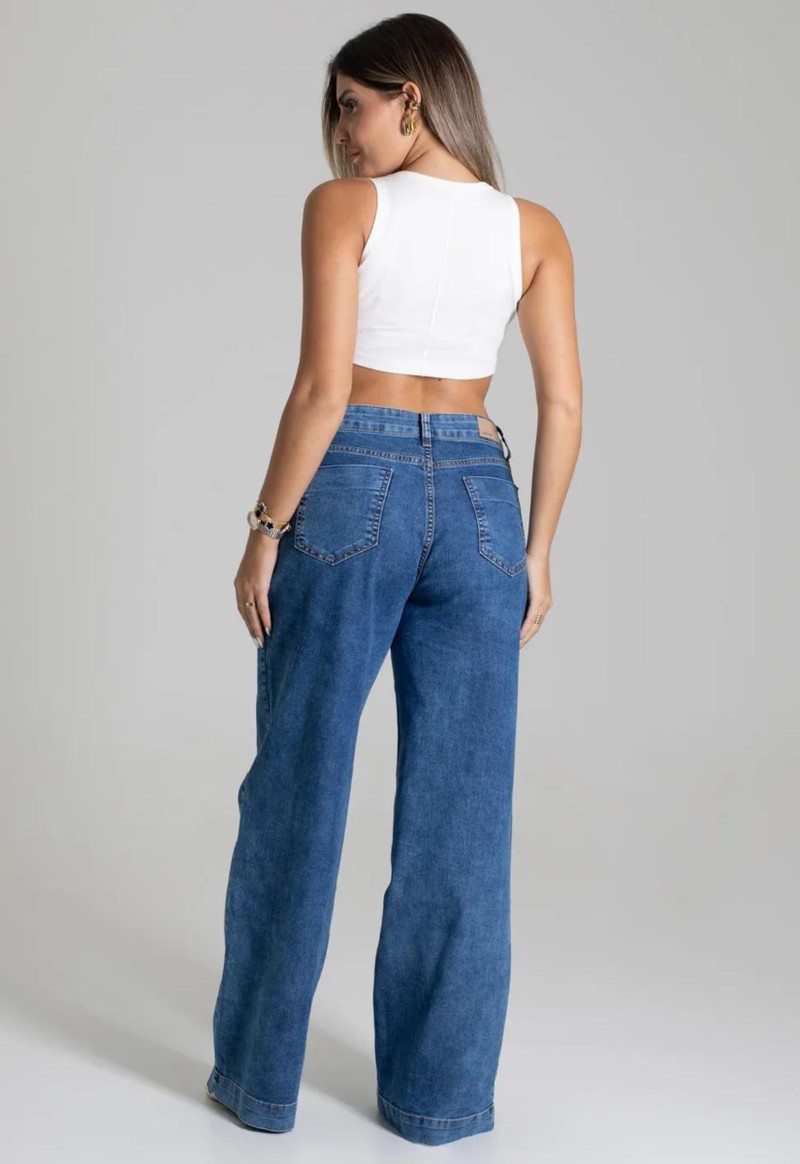 Calça feminina jeans wide leg Sawary | Jeans Estonado