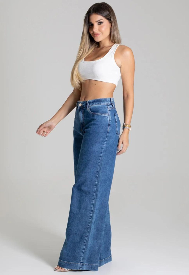 Calça feminina jeans wide leg Sawary | Jeans Estonado