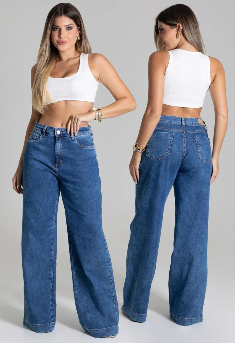 Calça feminina jeans wide leg Sawary | Jeans Estonado