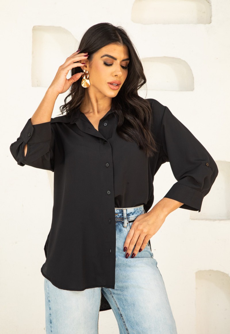 Camisa feminina manga 3/4 viscose The Style Box | Preto