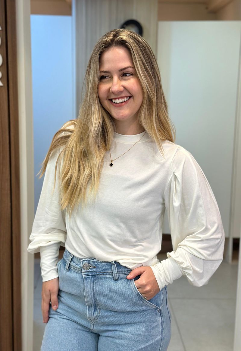 Blusa feminina manga longa detalhe ombro Lunender | Off White 