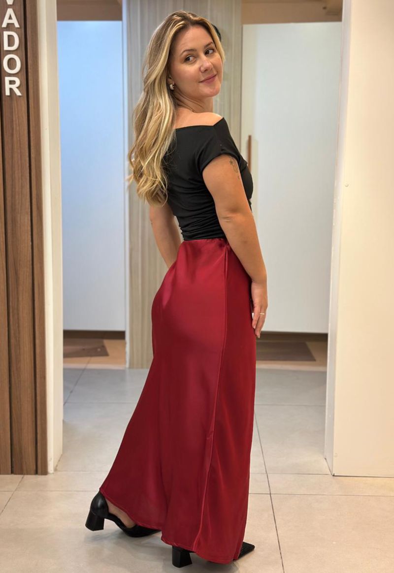 Saia Cetim Midi Evasê Style Box I Vinho