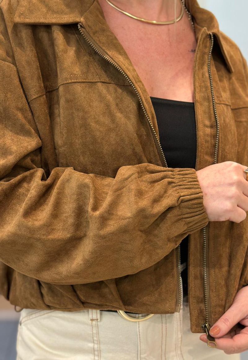 Jaqueta Feminina Suede Alicia Bomber e Ziper frente |  Golden Brown 