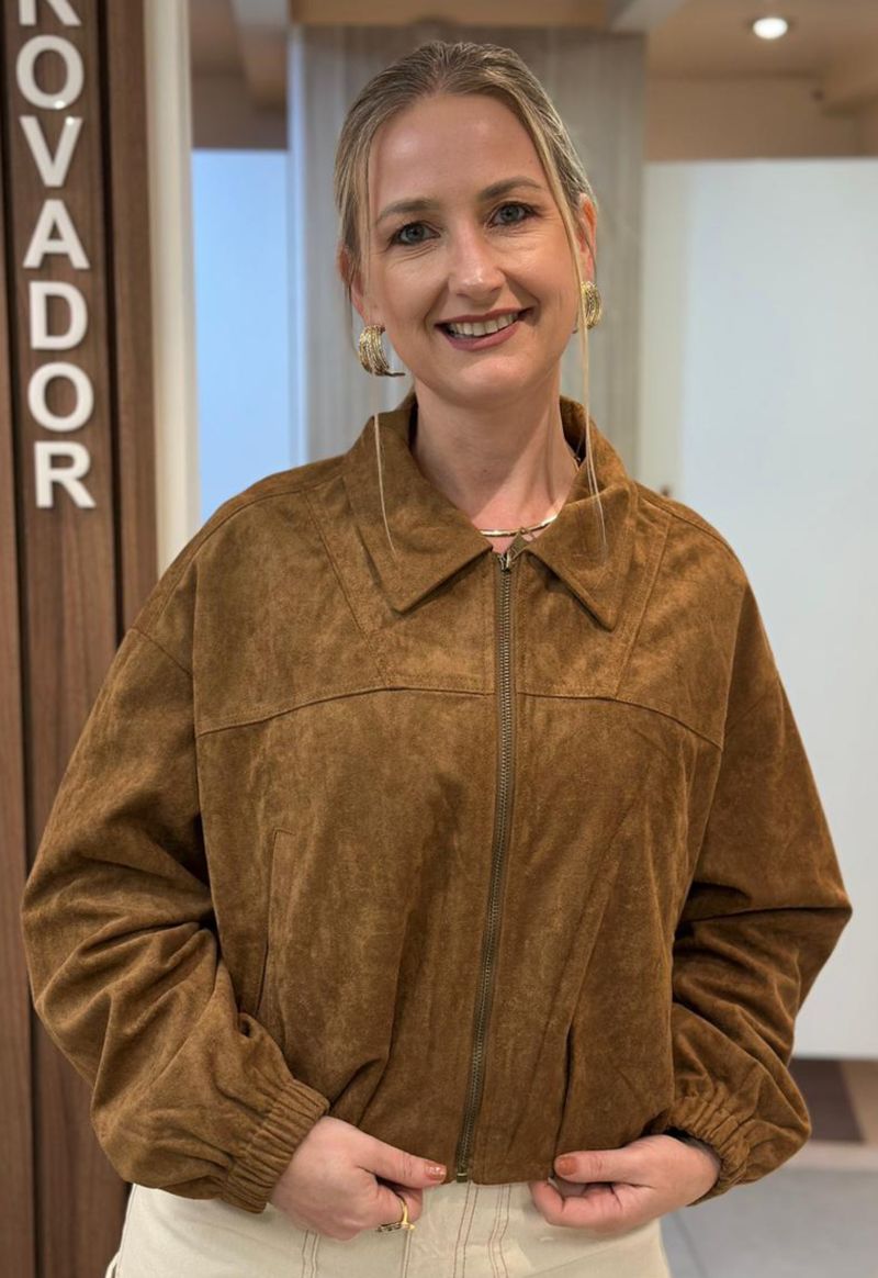 Jaqueta Feminina Suede Alicia Bomber e Ziper frente |  Golden Brown 