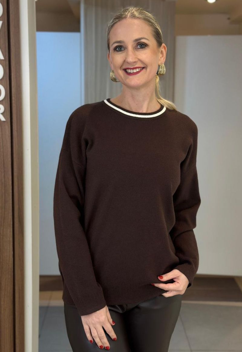 Blusa Tricot Gola Redonda Com Detalhe Facinelli | Café