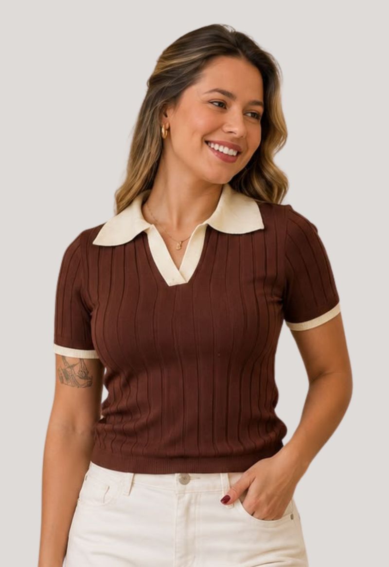 Blusa tricot polo manga curta Jzw |  café