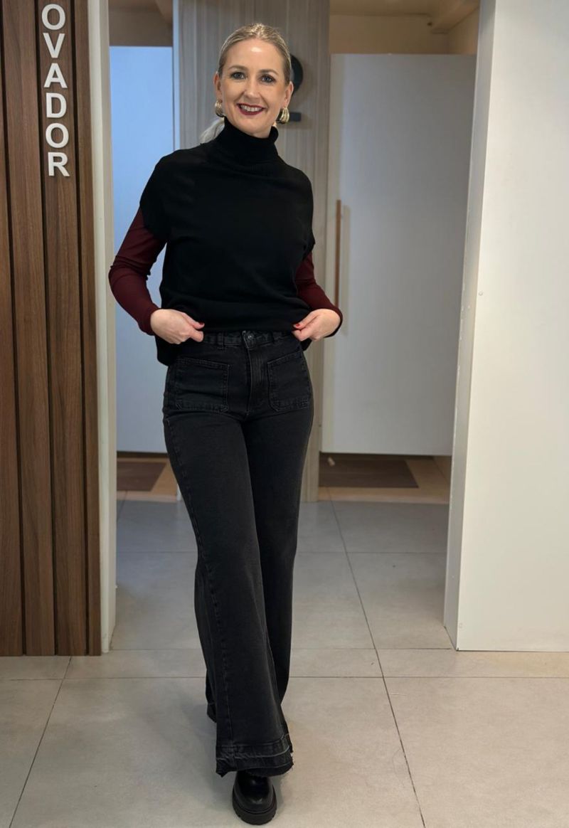 Calça Jeans Wide Leg Bolso Chapado 3796 | Preto Estonado