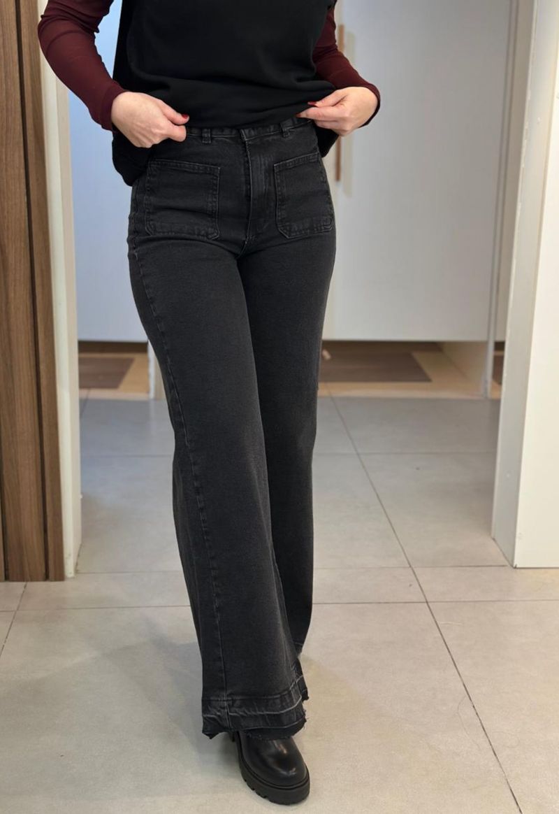 Calça Jeans Wide Leg Bolso Chapado 3796 | Preto Estonado