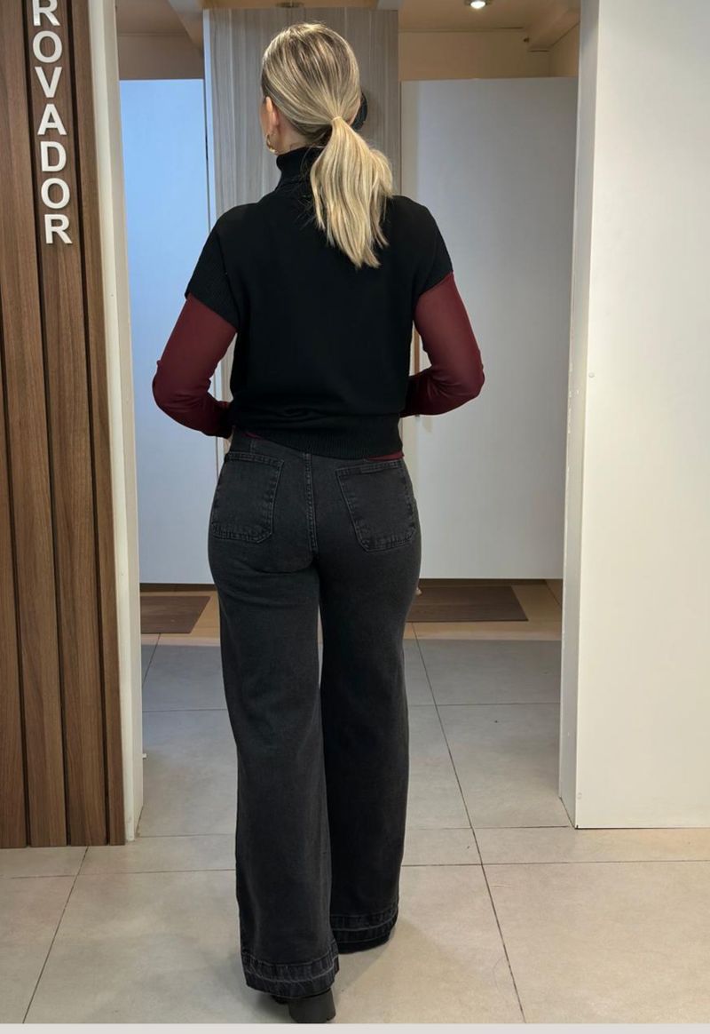 Calça Jeans Wide Leg Bolso Chapado 3796 | Preto Estonado