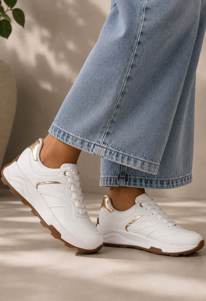 tênis chunky plataforma Beira rio | branco e dourado 