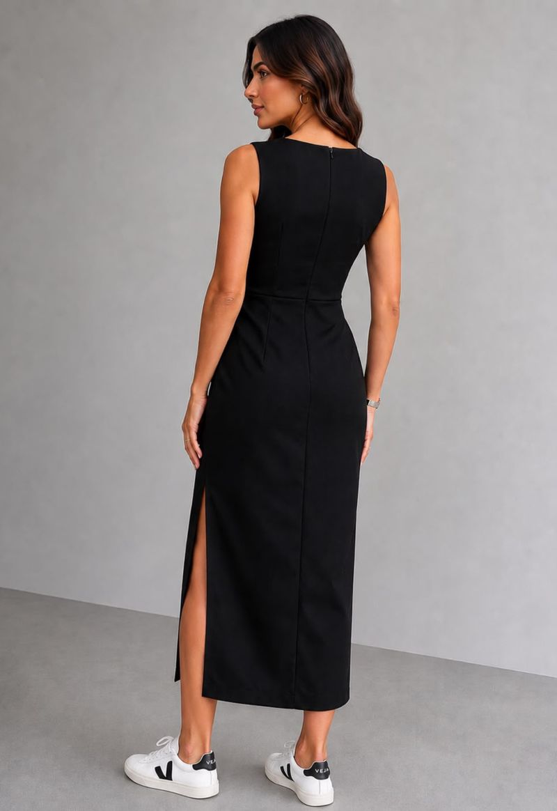 Vestido midi sem manga com fenda frontal Kingdom | preto
