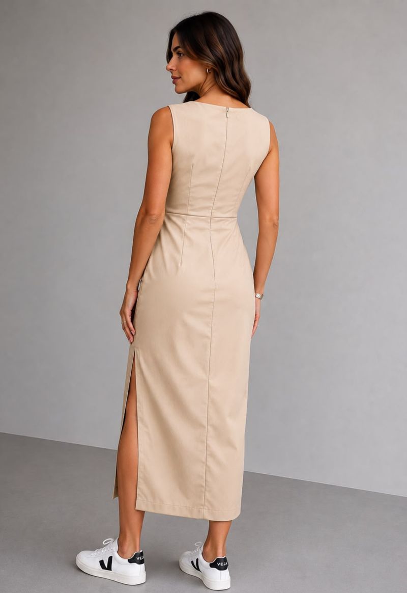 Vestido midi sem manga com fenda frontal Kingdom | areia