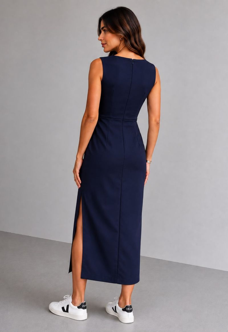 Vestido midi sem manga com fenda frontal Kingdom | marinho