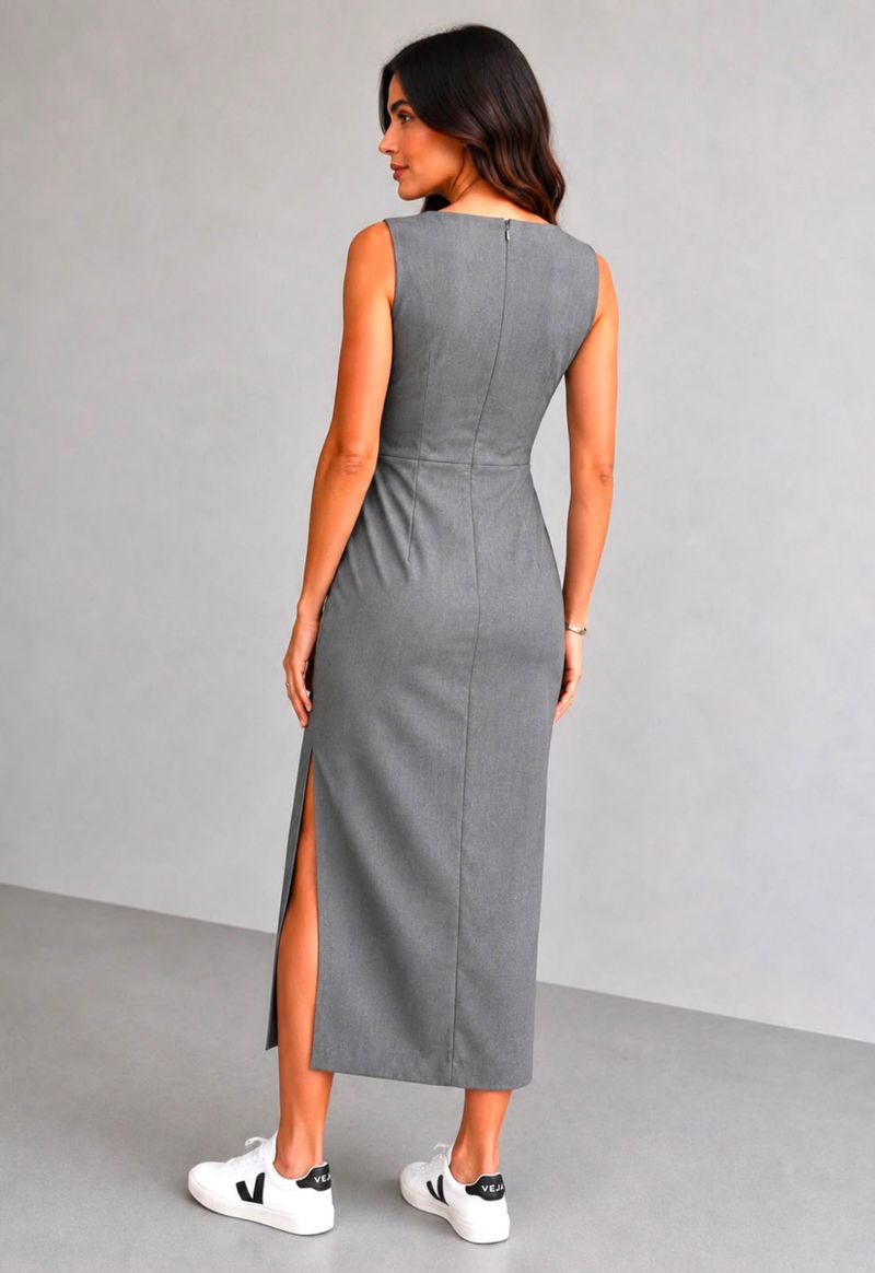 Vestido midi sem manga com fenda frontal Kingdom | grafite