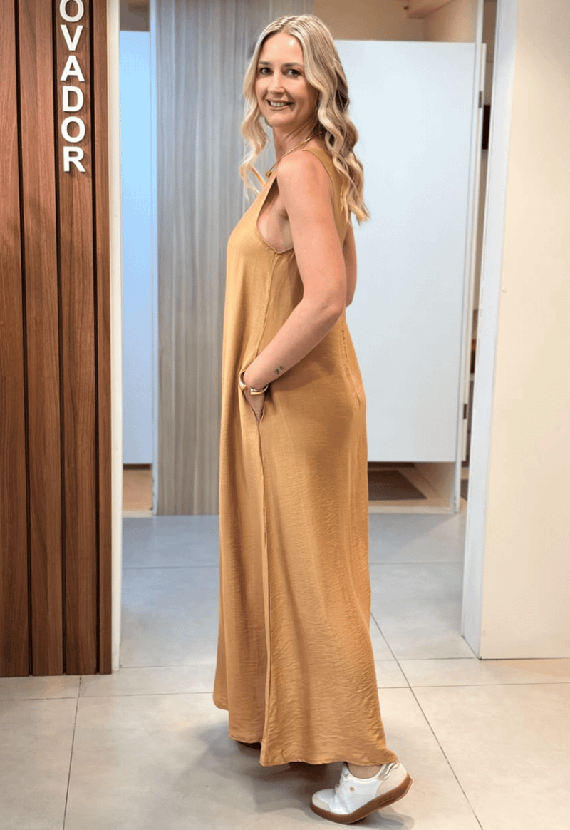 Vestido midi gode com bolso 140085  Zappo | caramelo