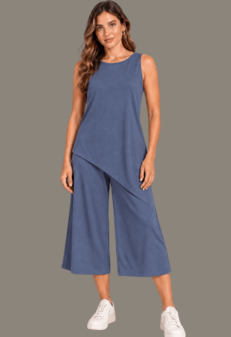 Conjunto regata assimétrica e calça pantacour 184900 Marialícia | blueberry