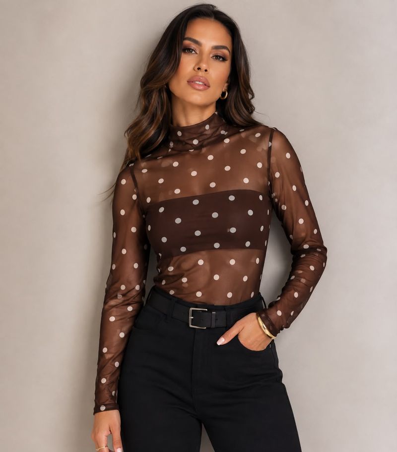 Blusa Tule Manga Longa Nina | Poá Marrom
