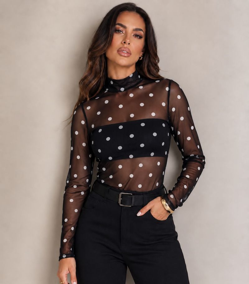  Blusa Tule Manga Longa Nina | Poá Preto