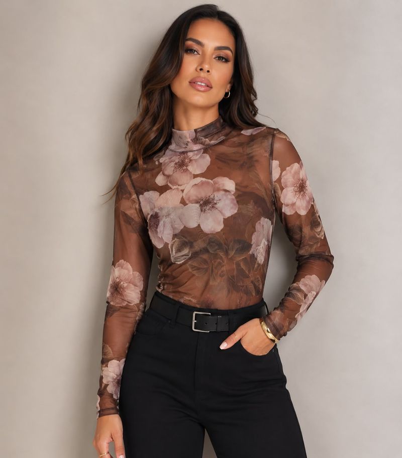 Blusa tule manga longa Nina | Floral Marrom