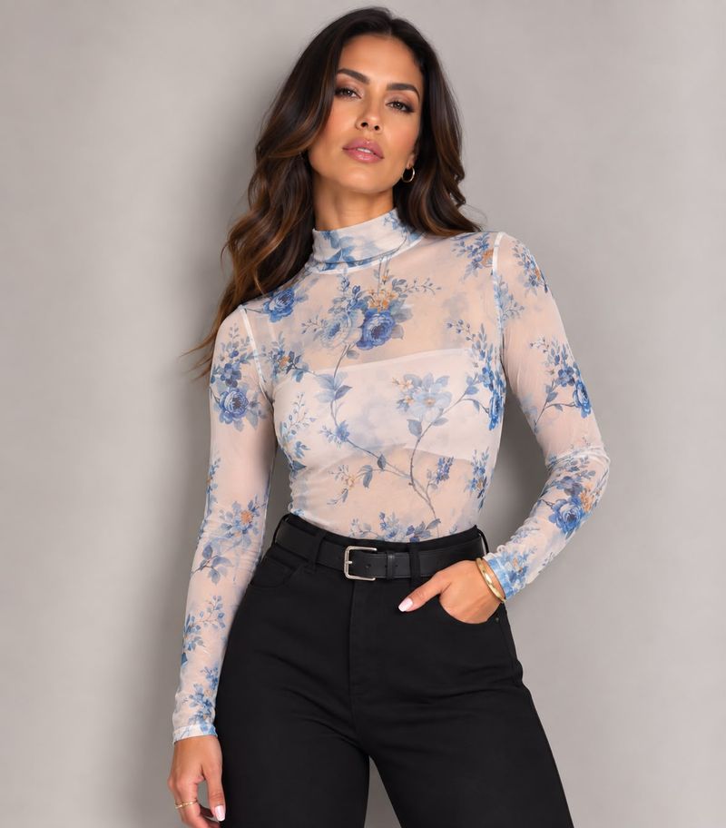 Blusa Tule Manga Longa Gola Alta Pretapink | floral  branco e azul