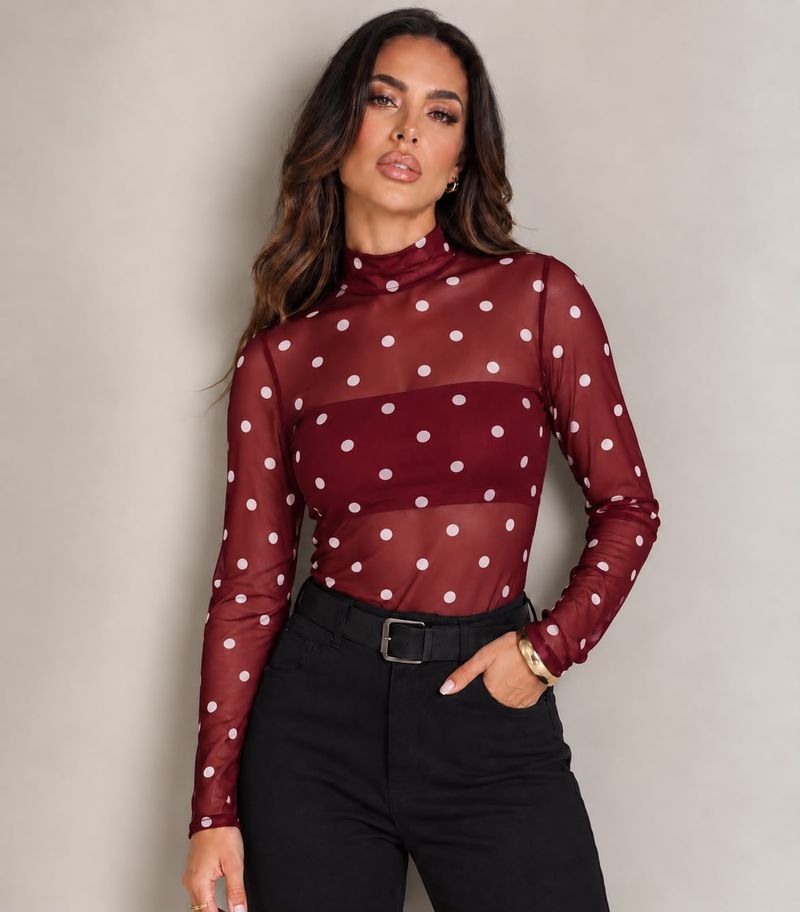  Blusa Tule Manga Longa Nina | poá marsala