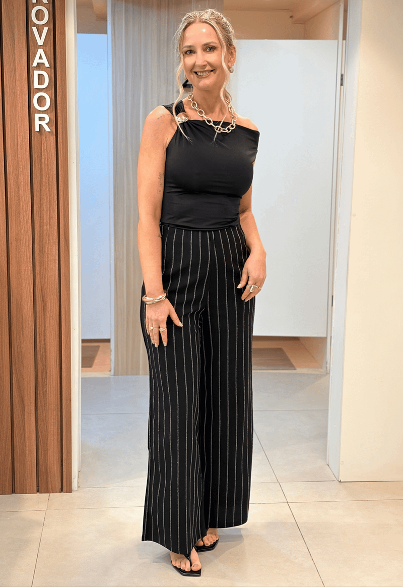 Calça wide leg risca de giz 290112 Facinelli | preto