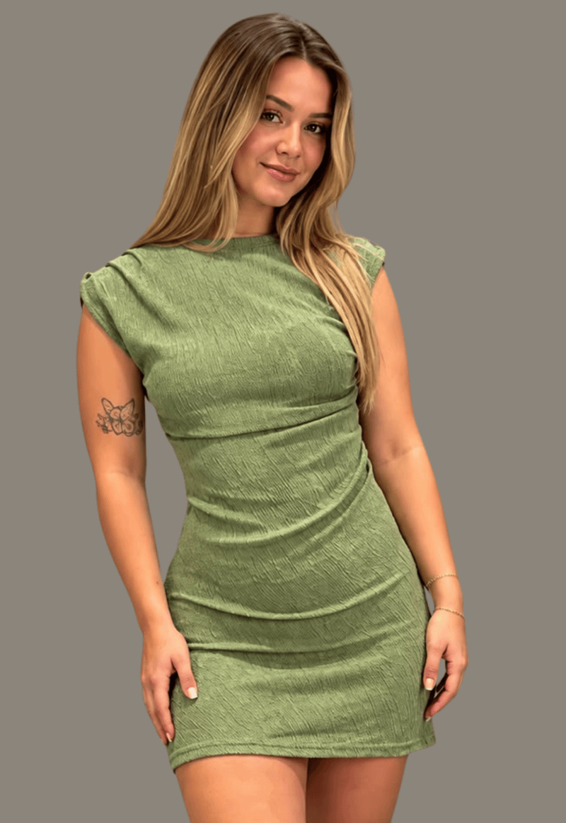 Vestido curto sem manga malha anarruda drapeado na cintura 140110 Style box | verde 