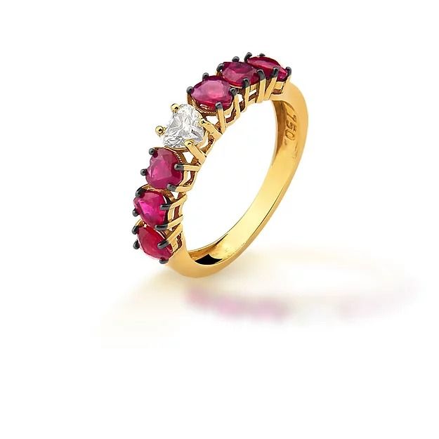 Anel Rubi Coração Diamantes Ouro Amarelo
