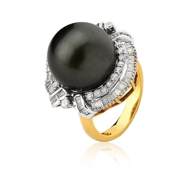 Anel Pérola Cinza Diamante Ouro Amarelo  