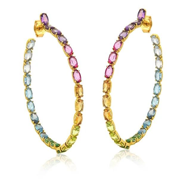 Brinco Argola Fina Topázios Coloridos Ouro Amarelo