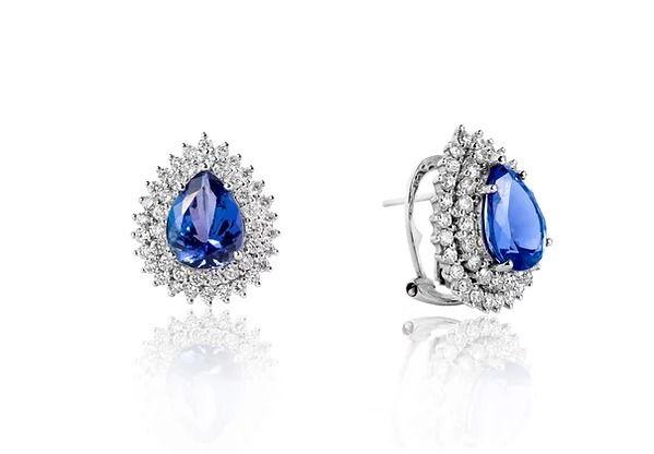 Brinco Gota Tanzanita Diamantes Ouro Branco