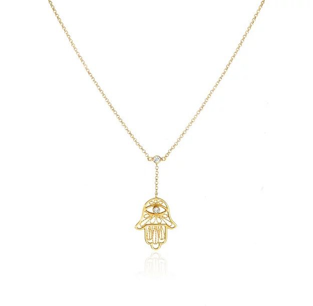 Colar Mão de Fátima Gravatinha Diamantes Ouro Amarelo