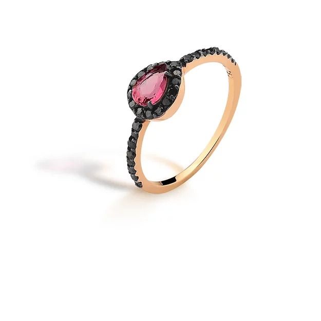 Anel Turmalina Rosa Diamante Negro Ouro Rosê