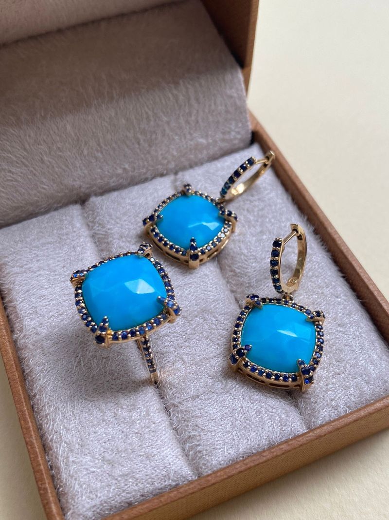 Anel Turquesa e Safira Azul Ouro Amarelo