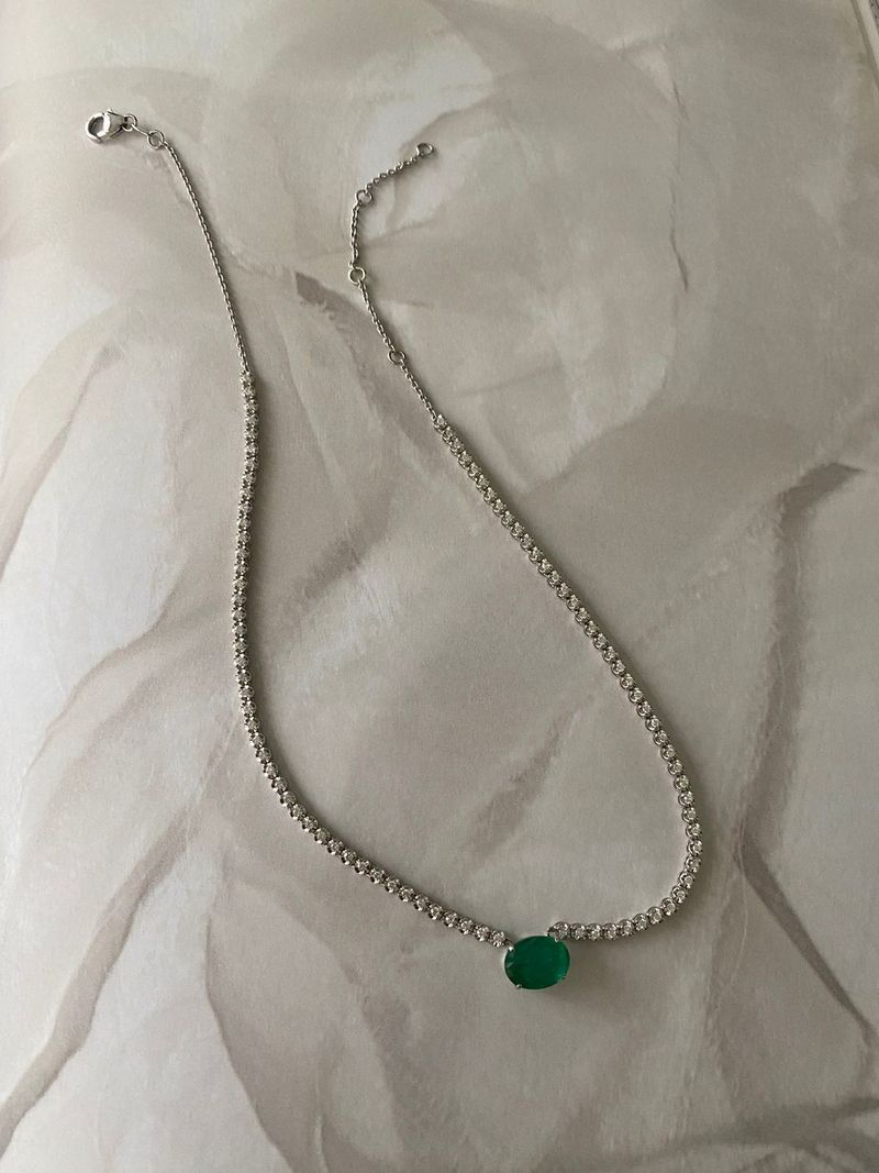 Colar Riviera Esmeralda e Diamantes Ouro Branco 