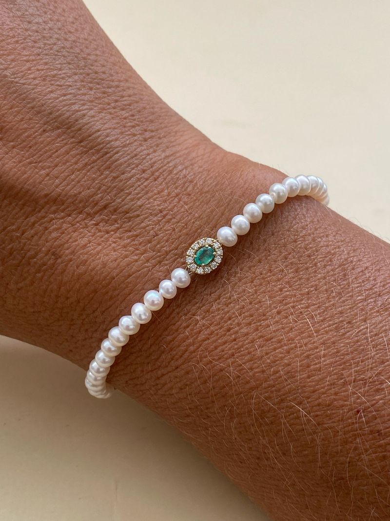 Pulseira Esmeralda, Diamante e Pérola Ouro Amarelo.