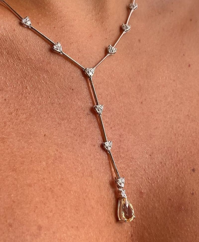 Colar Riviera Diamante Coração e Pingente Berilo Ouro Branco.