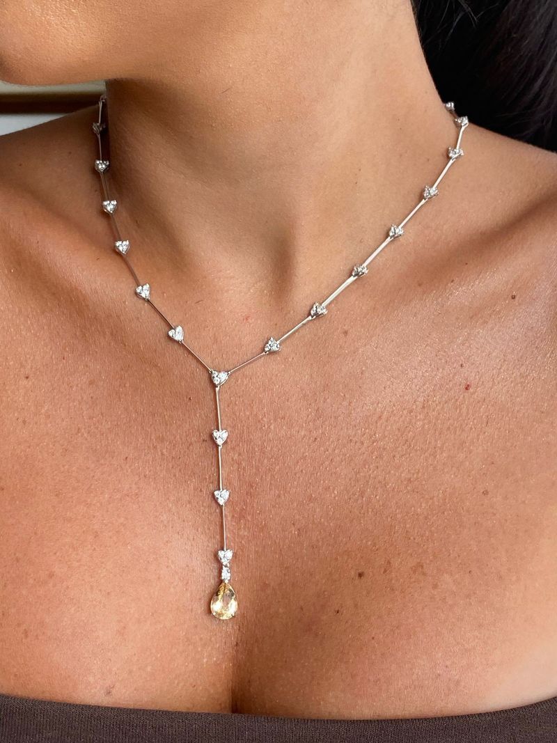 Colar Riviera Diamante Coração e Pingente Berilo Ouro Branco.