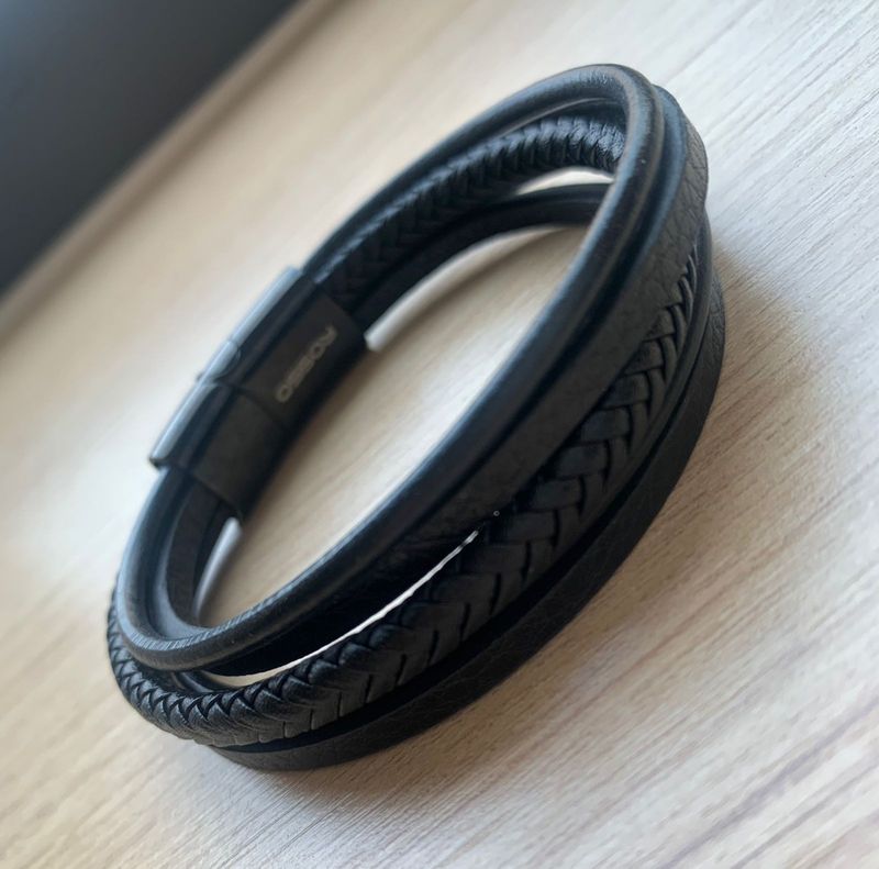 Bracelete Masculino Couro Preto 5 Voltas