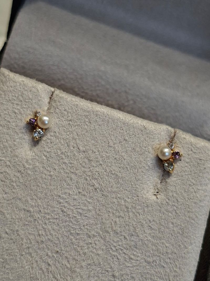 Brinco Infantil Pérola Ametista  Diamante Ouro Amarelo