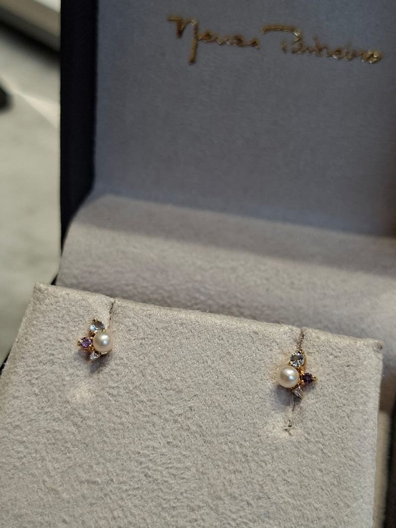 Brinco Infantil Pérola Ametista  Diamante Ouro Amarelo