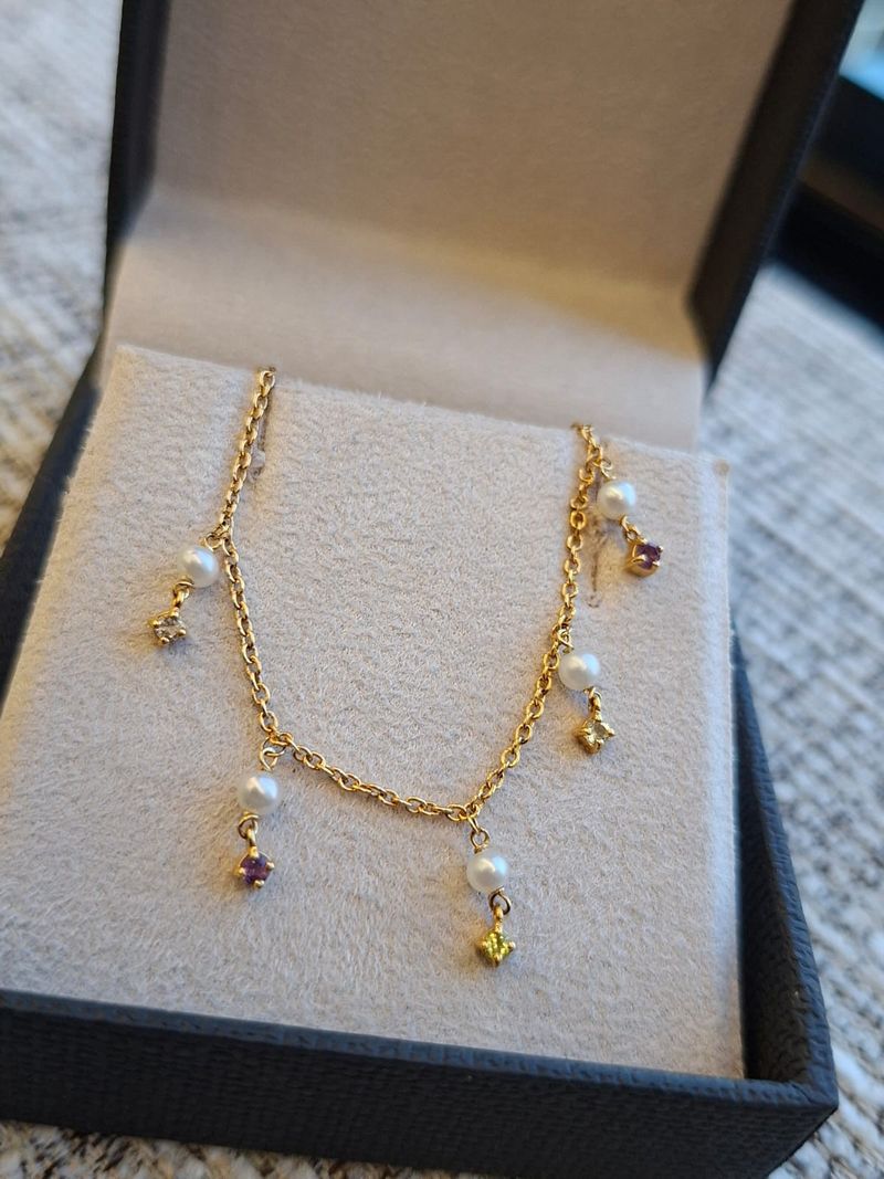 Pulseira Infantil Pérolas Pedras Brasileiras Ouro Amarelo