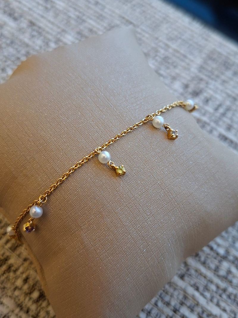 Pulseira Infantil Pérolas Pedras Brasileiras Ouro Amarelo