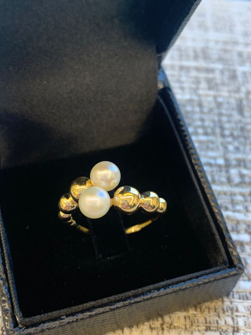 Anel Pérola Dupla Bolinhas Ouro Amarelo