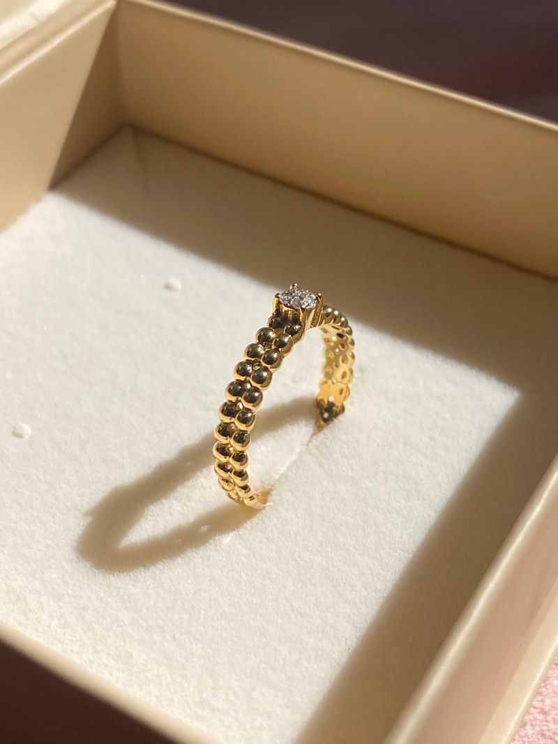 Anel Solitário  Pavê Diamante Bolinhas Ouro Amarelo