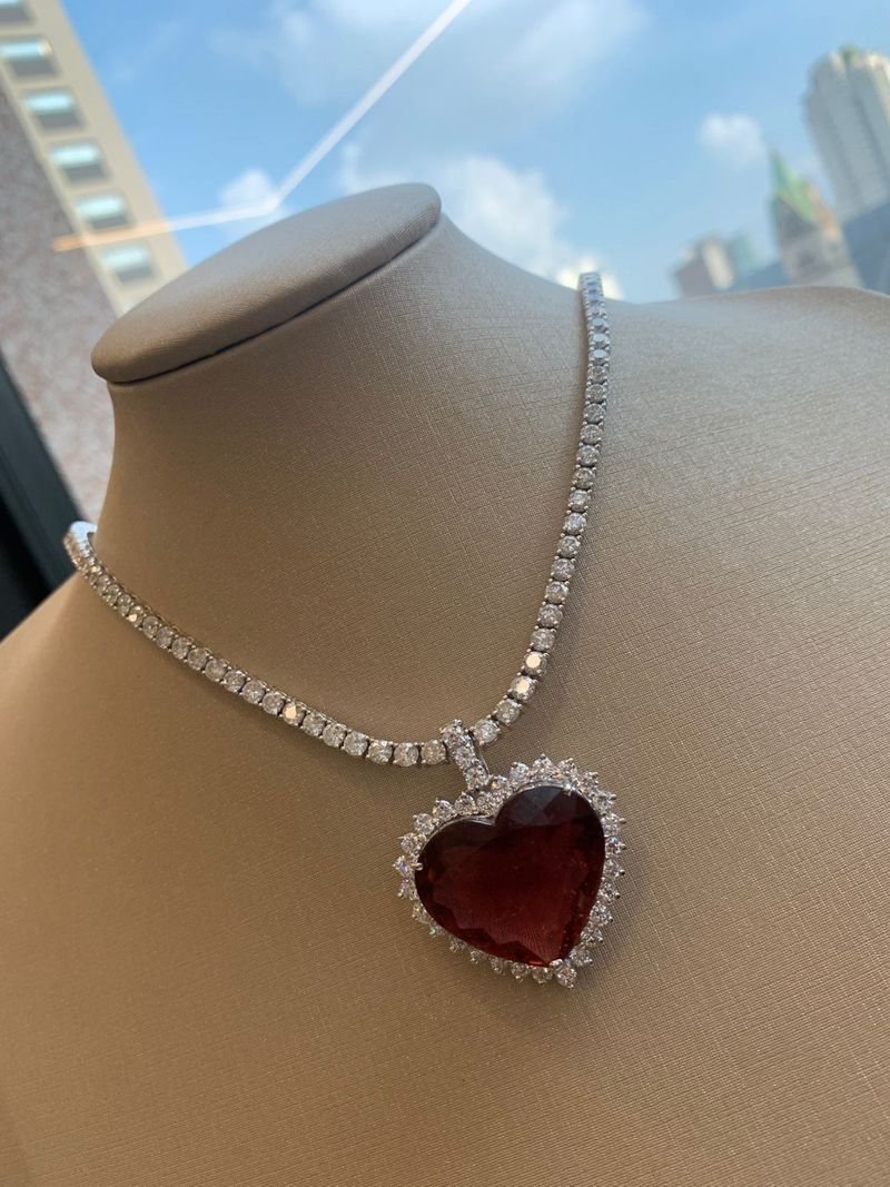 Pingente  Coração Rubelita Diamante Ouro Branco