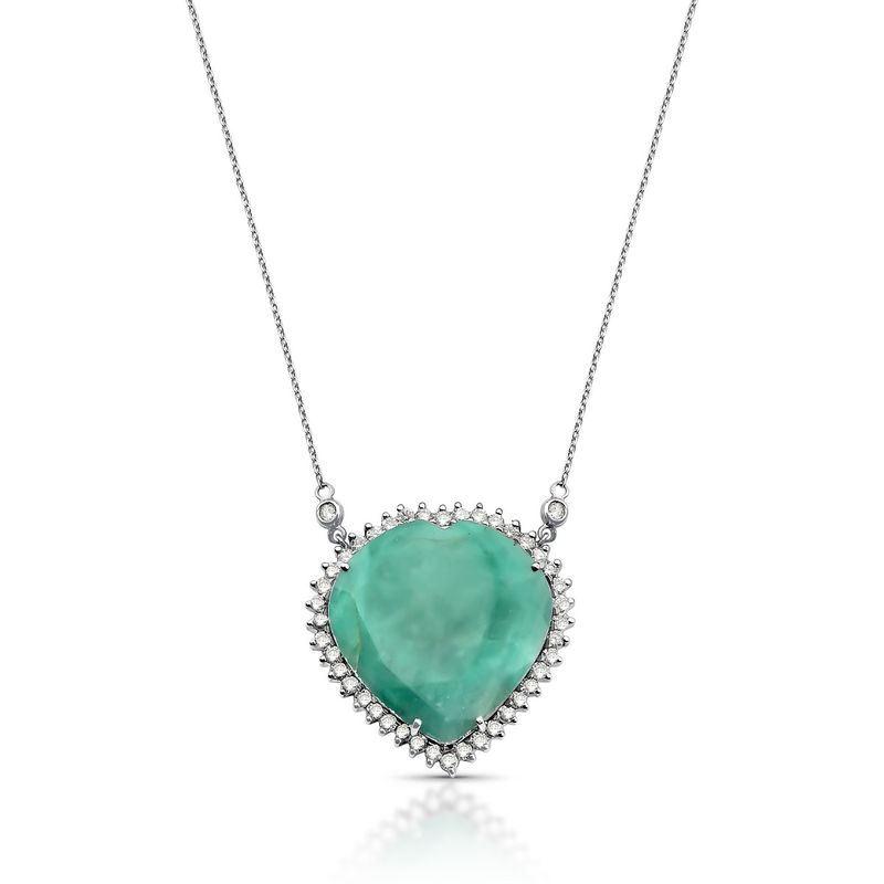 Colar Coração Esmeralda Diamantes Ouro Branco.